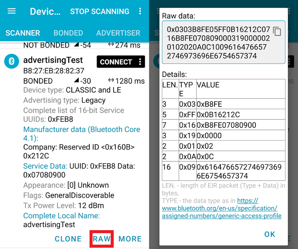 Device information of scanned Bluetooth device