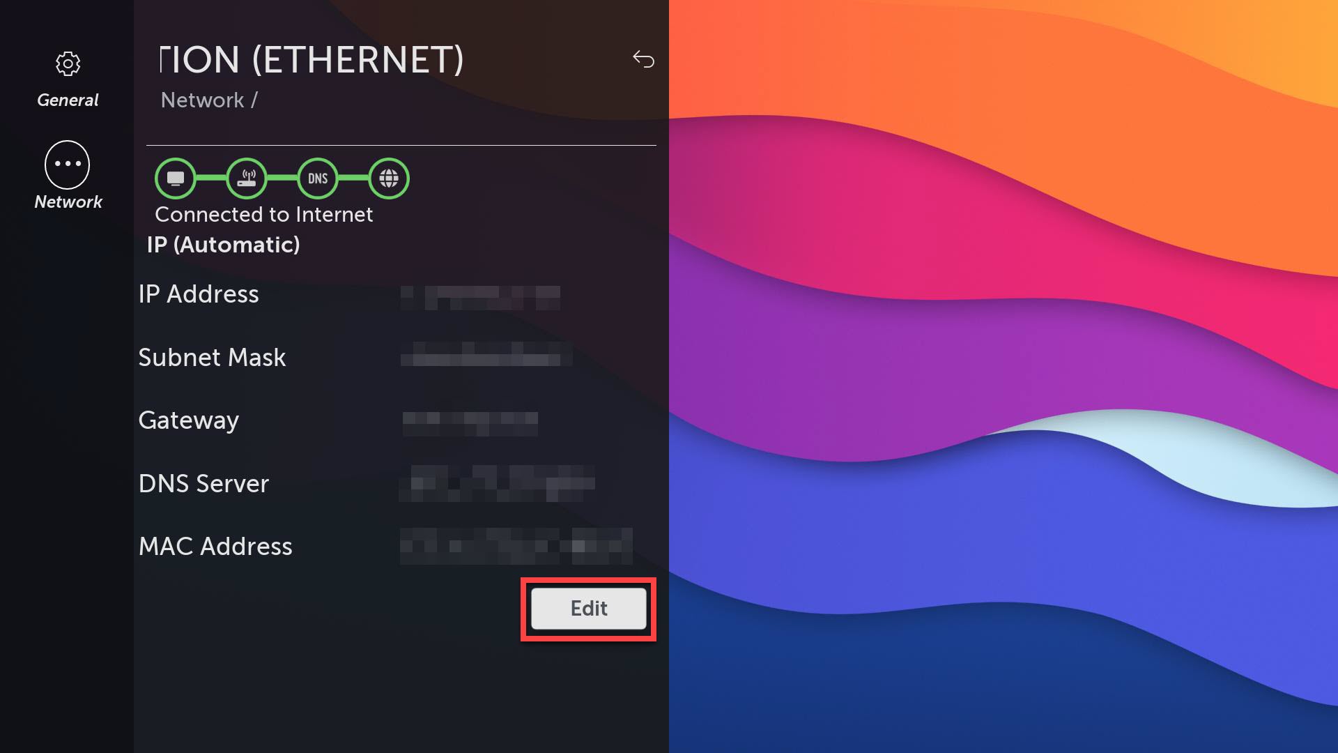 Edit button in the ethernet setup menu