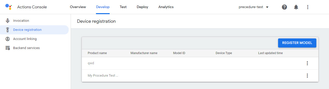 A device list in the device registration menu